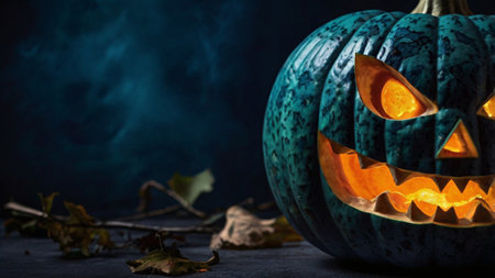 Halloween pumpkin head jack o lantern on dark background with copy spaceの写真素材