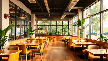 Interior of a modern restaurant with wooden tables and chairs. Nobody inside