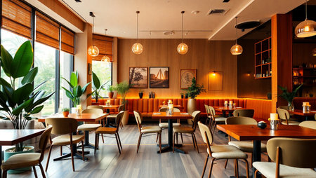 interior of a modern cafe with wooden tables and chairs, nobody