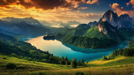 panoramic view of alpine lake with reflection of mountains in waterの写真素材