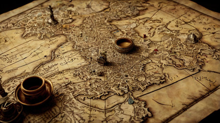 An antique map with various objects placed on it, suggesting a theme of exploration and adventure.の写真素材