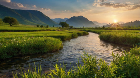 Beautiful summer landscape with green meadow and oak tree on sunset