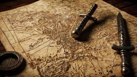 Ancient map, compass and knife on a wooden table. Toned.の写真素材