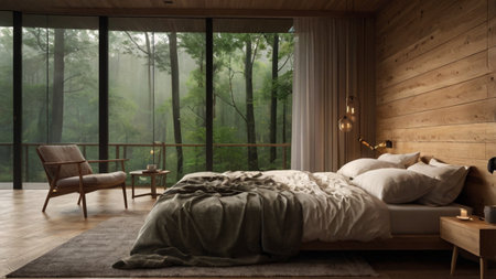 Interior of modern bedroom with wooden walls, wooden floor and comfortable king size bed. 3d...