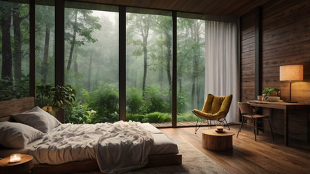 Modern wooden bedroom interior design in the morning with a large window. 3d renderingの写真素材