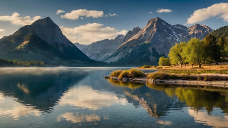 Beautiful alpine landscape with lake and mountains reflected in water.