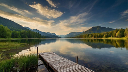 Beautiful mountain lake with a wooden pier in the foreground at sunset