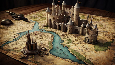 Medieval castle on a map of the world. Selective focus.の写真素材