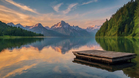 Lake Eibsee at sunrise, Bavaria, Germany, Europeの写真素材