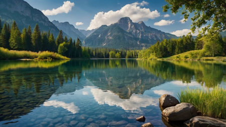 Panoramic view of alpine lake in Dolomites, Italy