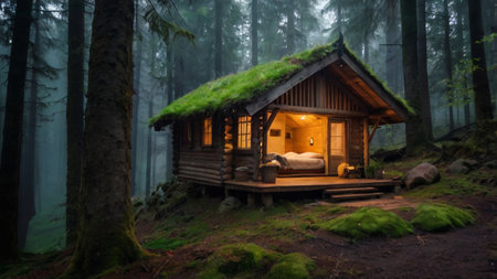 Wooden hut in the forest with moss in a foggy dayの写真素材