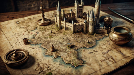 Castle on old map. Travel concept. Vintage style toned pictureの写真素材