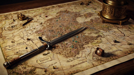 Antique treasure map, compass and a dagger. Travel concept.