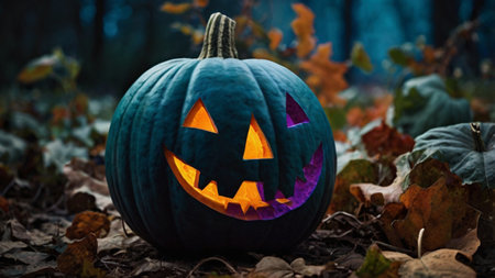 Halloween pumpkin glowing in the dark in the forest. Halloween conceptの写真素材
