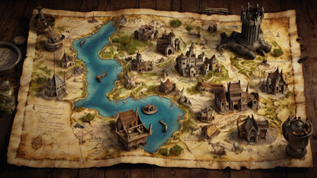 Old map of the world with a replica of the ancient city.の写真素材