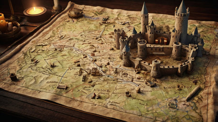Medieval castle on old map with candles. Fantasy world. Selective focus.