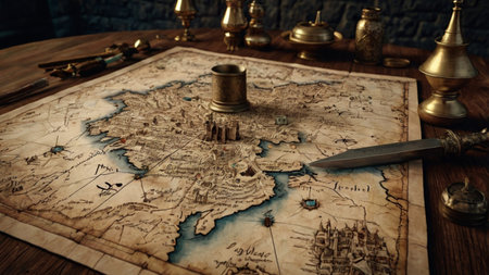 Old map and compass on a wooden table. Vintage style toned pictureの写真素材