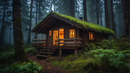 Wooden cottage in the middle of the forest in the fog.の写真素材