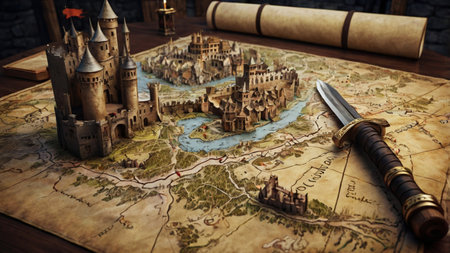 Medieval castle on the old map. Fantasy world. Selective focus.