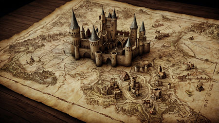 Medieval castle on the old map. 3D illustration. Vintage style.