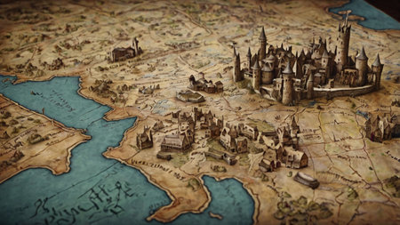Medieval city on a map of the world. Travel concept.の写真素材