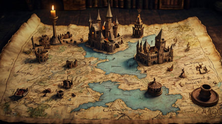 Medieval world map with medieval castle and candles. Travel concept.の写真素材
