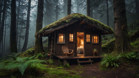 Wooden cottage in the forest with a lot of moss and fog
