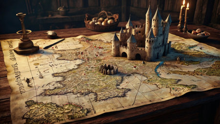 Castle on the map. Fantasy world. Fairy tale concept.の写真素材