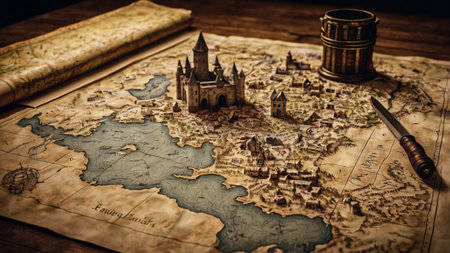 Castle on an old map. Travel concept. Selective focus.の写真素材
