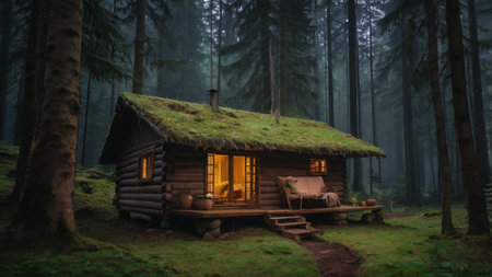 Beautiful wooden cottage in the forest at night. 3d renderingの写真素材