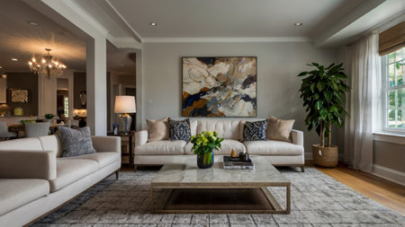 Interior of a luxury living room with a sofa and a coffee table