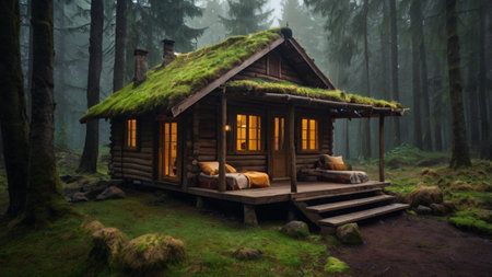 3d rendering of a wooden house in the forest with green mossの写真素材
