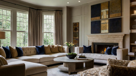 Luxury living room interior with fireplace and sofas. Nobody inside
