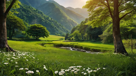 Beautiful scenery of green rice field and mountain with sunlight in the morningの写真素材