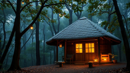 Wooden house in the misty forest at night with lanternsの写真素材