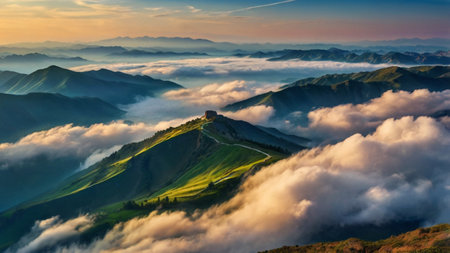 Foggy sunrise in the mountains. Beautiful summer landscape. Carpathians, Ukraine, Europe.