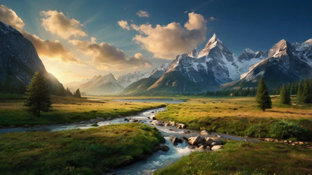 Mountain landscape with river and snow-capped peaks at sunsetの写真素材