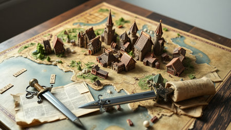Vintage map with toy houses and sword on it. Selective focus.の写真素材