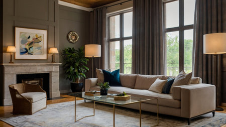 Interior of a living room with a sofa and a coffee table