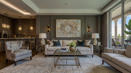Luxury living room with sofa, coffee table and armchair