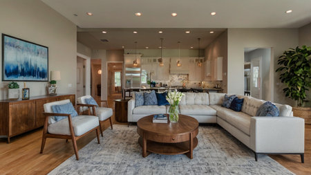 Luxury living room with white sofa and coffee table. Northwest, USA