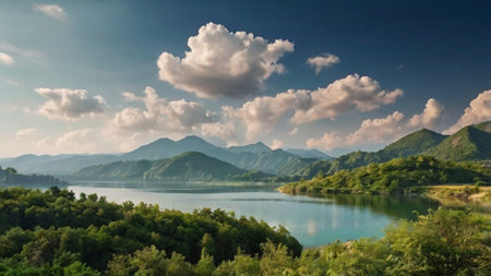 Landscape view of a lake with mountains and clouds in the backgroundの写真素材