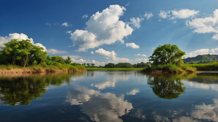 Reflection of sky and cloud in the river, nature background.