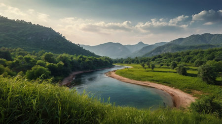Landscape view of the river and mountains in the morning. Panoramaの写真素材