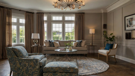 Luxury living room interior with sofa and armchair. Nobody inside