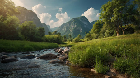 Panoramic view of the mountain river and green meadow.