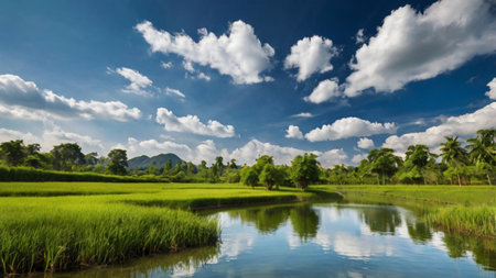 Landscape of rice field and blue sky with white clouds, Thailandの写真素材