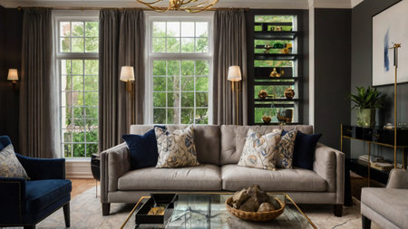 Interior of luxury living room with sofa, coffee table and window