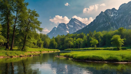 Beautiful summer landscape with river and mountains in the background at sunset