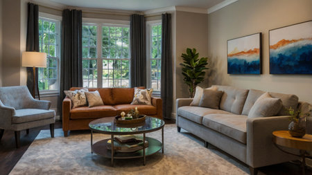Luxury living room with brown sofa and coffee table. Northwest, USA